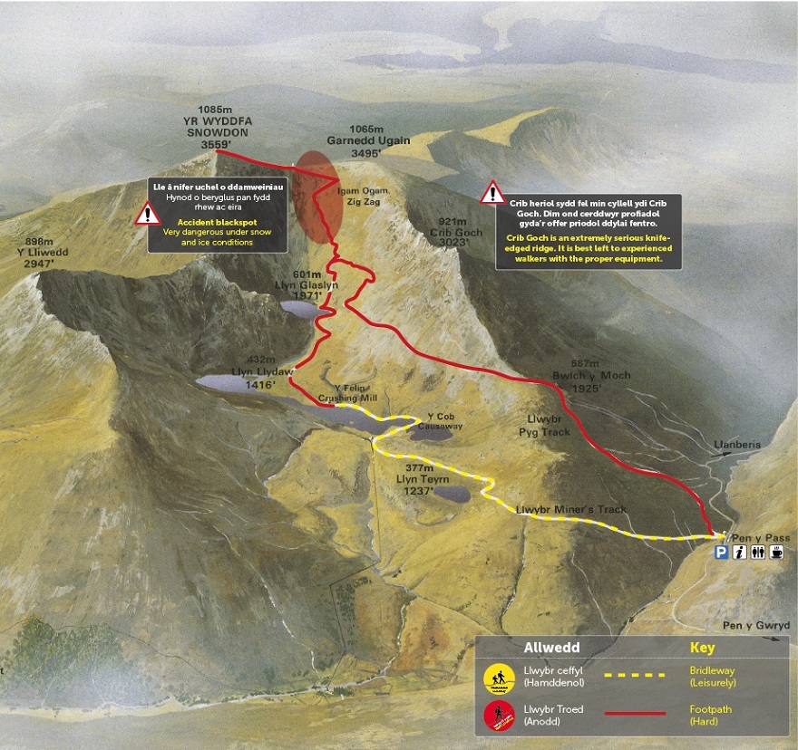 Llwybr Mwynwyr Miners Path a Pyg Track Map © APCE_SNPA